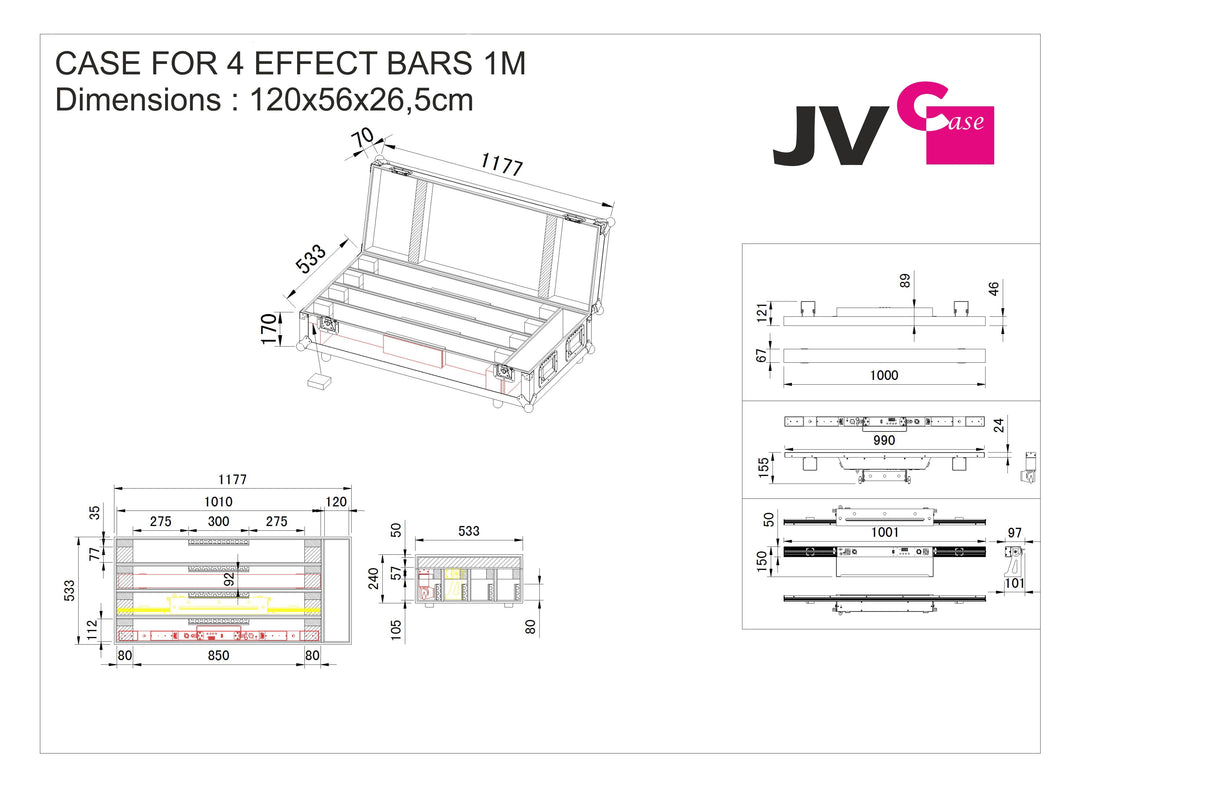JV case voor 4 EFFECT BARS 1M Flightcase